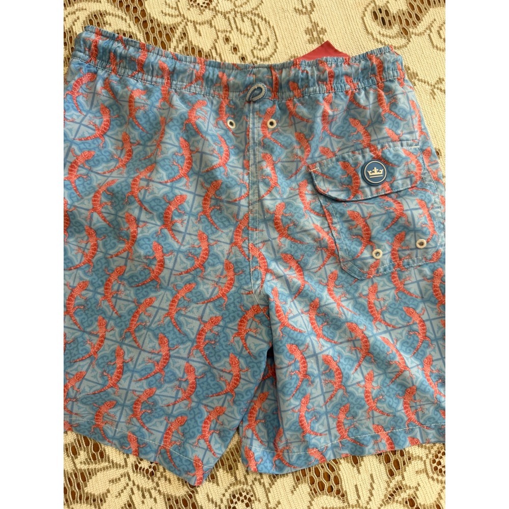 Peter Millar Boys Blue Orange Gecko Lizard Print Swim Trunks Size M 8-10